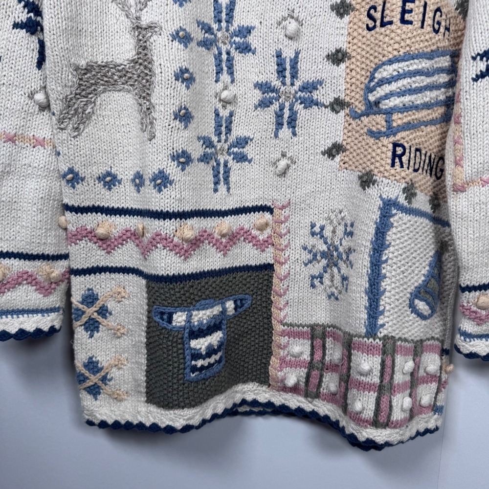 Cape Isle Knitters Sweater Womens M Ivory Hand Knit Grandma Snowmen Festive VTG - Picture 7 of 16